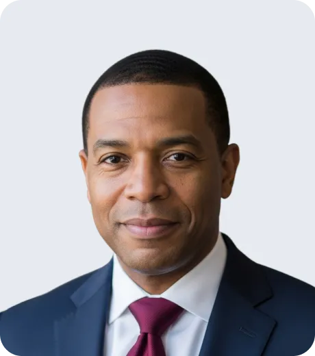 Serious AI avatar man in business attire for financial updates